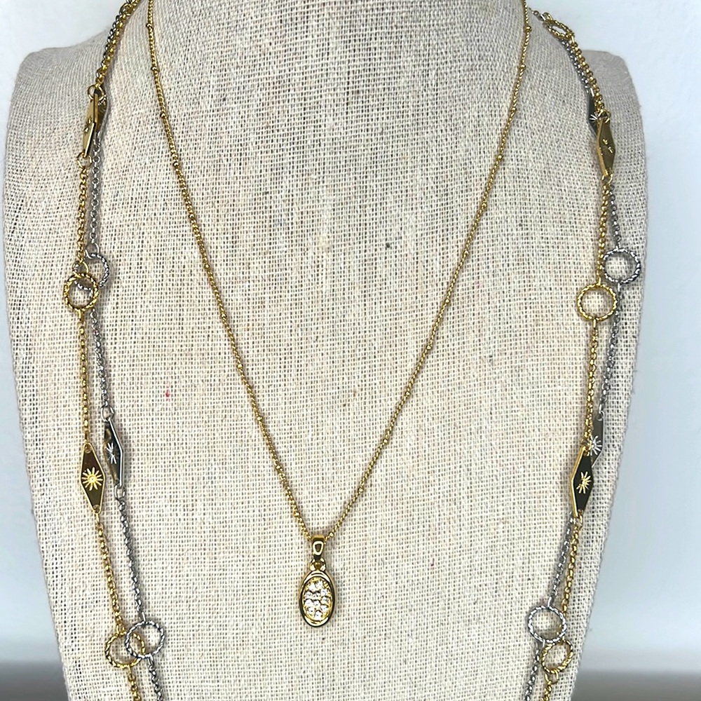 18K gold plated bead chain necklace with a beautiful oval pendant with diamonds.
